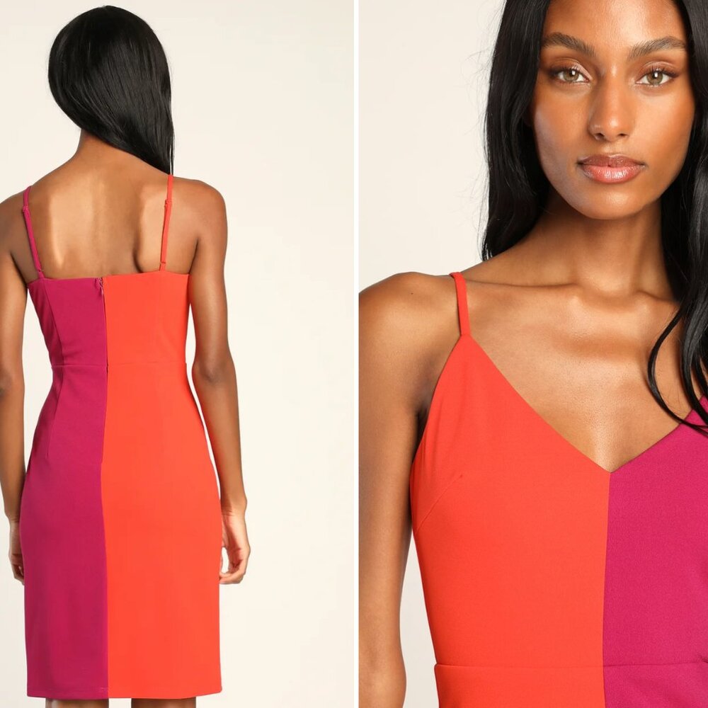 Lulu's Perfect Duo Coral Red and Purple Color Block Bodycon Mini Dress